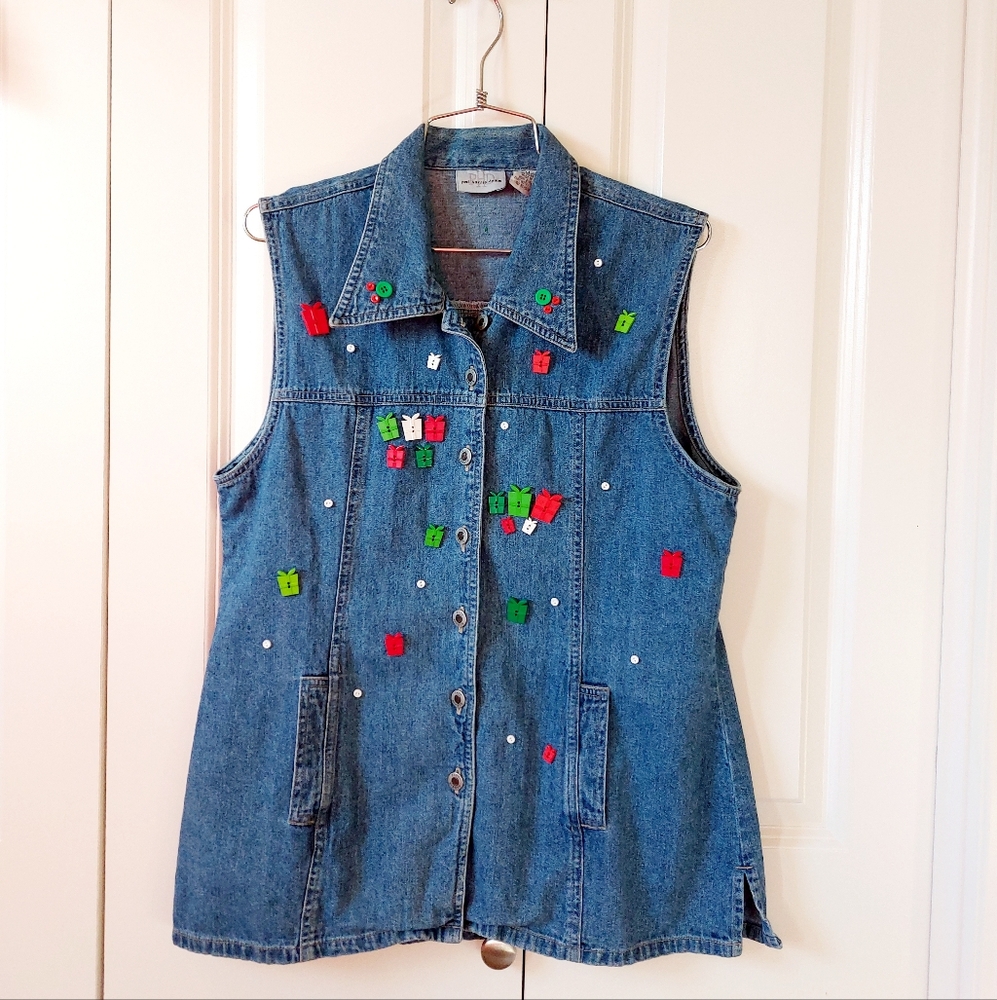 "Ugly" Christmas Button Denim Vest size‎ Medium Paul Harris Designs 90s